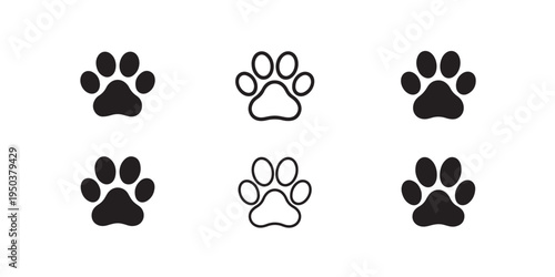 Set of six paw prints in solid and outline styles, ideal for pet related graphic designs