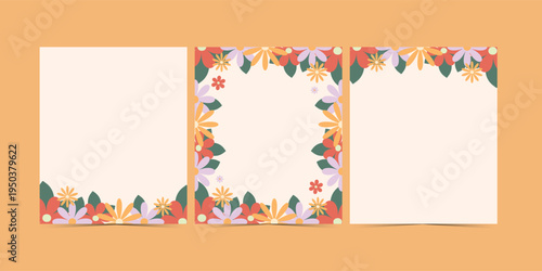 Set banner with multicolored flowers background. Design for printing cards, invitations for weddings, birthdays, and spring and summer holidays.