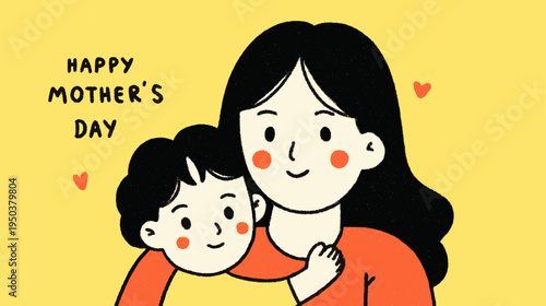 Cute Mother Hugging Child Cartoon Illustration Celebrating Mother’s Day Love, Family Bond, Parenting Warmth and Emotional Connection