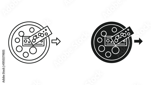 Vector icon set: Pizza with cheese and arrow, representing food process, delivery, or creation. Outline and solid fill.