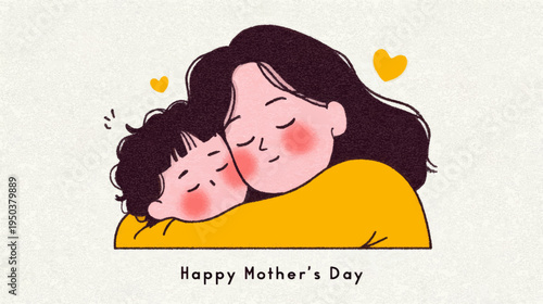Cute Mother Hugging Child Cartoon Illustration Celebrating Mother’s Day Love, Family Bond, Parenting Warmth and Emotional Connection