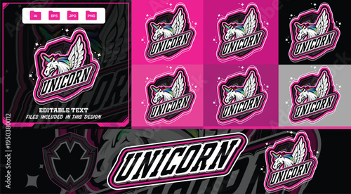 Fantasy unicorn e-sports sports high-energy mascot logo bold shield emblem elegant winged alicorn with rainbow gradient horn, sharp eyes and glowing sparkles, vector editable for e-sports, gaming.