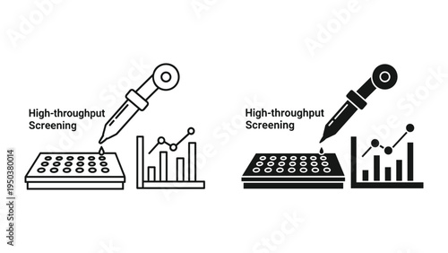High-Throughput Screening Icons: Pipette, Microplate, and Data Analysis Graph