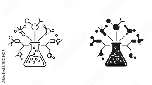 Chemistry flask with molecules and atomic structure icons in radial pattern, scientific research concept