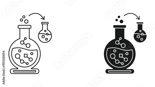 Chemical Reaction Icon: Two Flasks, Molecular Structure, Bubbles, and Transfer Arrow