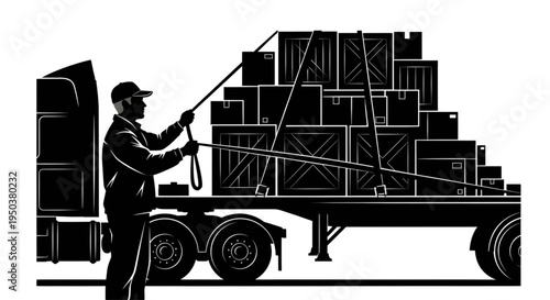 Logistics worker securing boxes on truck flatbed with straps silhouette vector illustration