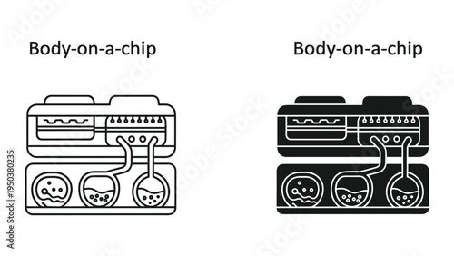 Body-on-a-chip technology for biological and drug research, dual illustration