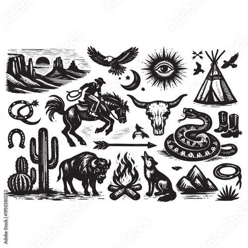 Western Boho Linocut Vector Set – Texas Desert Engraving Collection