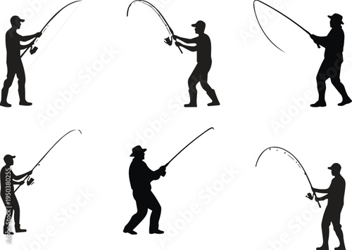 Fishing silhouettes set with anglers casting rods in different poses, fisherman activity collection isolated on white background, outdoor sport hobby illustration for recreation design