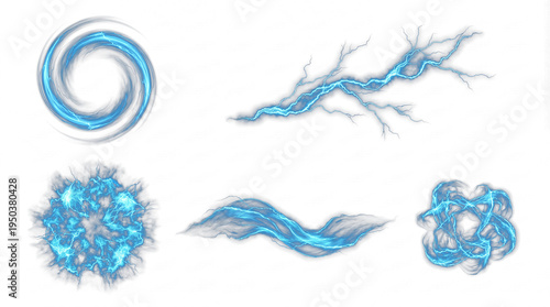 Realistic photograph of various dynamic blue electricity effects, power surges, and lightning energy elements.