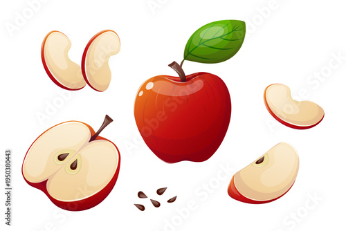 Collection of vector images of whole red apple and sliced apple