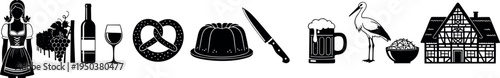 German culture silhouette icon set featuring dirndl, beer mug, pretzel, wine, stork, half-timbered house, and traditional food, European travel vector graphics.
