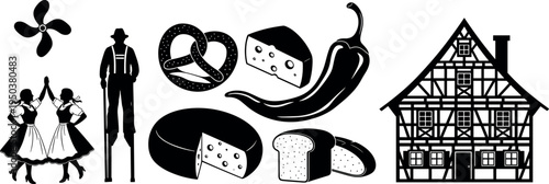 German culture silhouette icons with half-timbered house, traditional dancers, pretzel, cheese, bread, chili pepper, and folklore elements, vector design set.