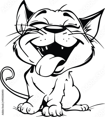 Funny cartoon cat laughing with tongue out line art illustration, cute playful kitten character drawing for children design, coloring page, mascot and sticker