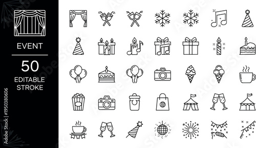 Party Event Celebration Line Icons Set Editable Stroke Collection with Balloons Cake Gifts Camera Music Decorations Festival Symbols