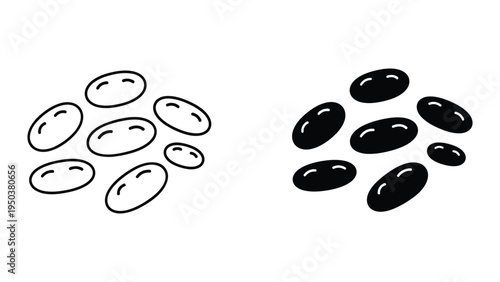Set of icons depicting beans or peas in outline and solid black versions