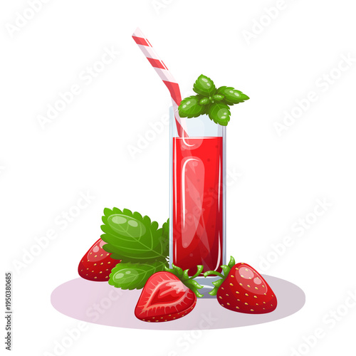 Vector image of glass of strawberry juice with mint leaves