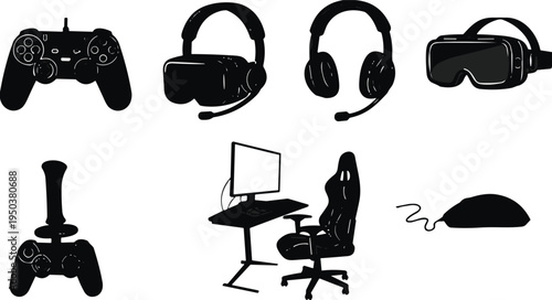 Gaming equipment silhouette vector set including game controller, VR headset, gaming headphones, joystick, computer desk and mouse, modern esports gamer setup icons