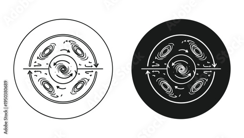 Circular Flow Diagram with Vortices and Arrows: Fluid Dynamics Concept