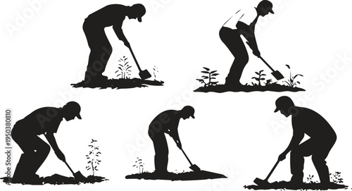 Gardener digging soil with shovel silhouette set farming and planting workers agriculture gardening activity vector illustration isolated collection for landscaping and farm work