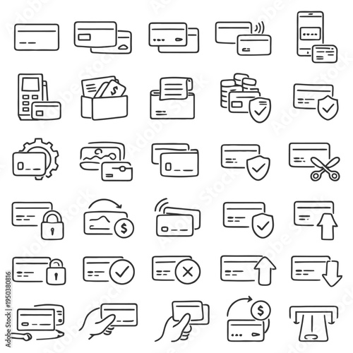 Set of payment and finance icons: credit cards, wallets, transactions, security, atm.