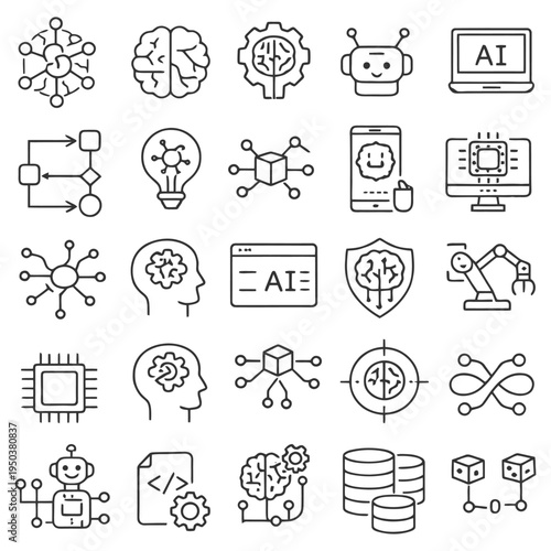 Artificial intelligence and robotics icon set featuring technology symbols and brain graphics.
