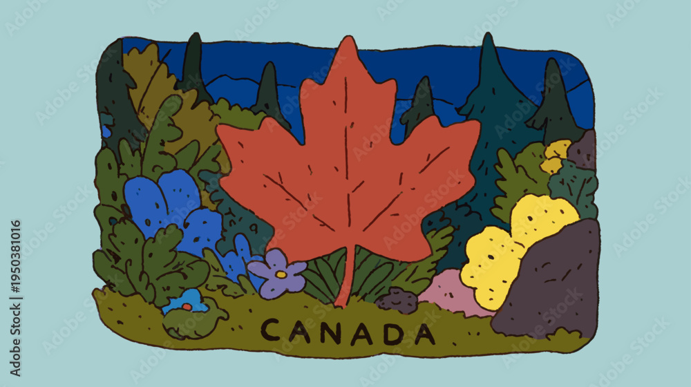 Naklejka premium Whimsical Hand Drawn Maple Leaf Canada Illustration With Playful Forest Plants, Colorful Botanical Landscape And Childlike Doodle Art Background