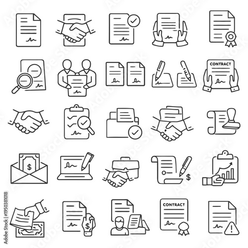 Set of contract and business icons illustrating legal agreements and financial transactions.