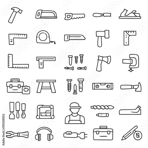 Outline icons of hand tools and equipment for carpentry and construction.