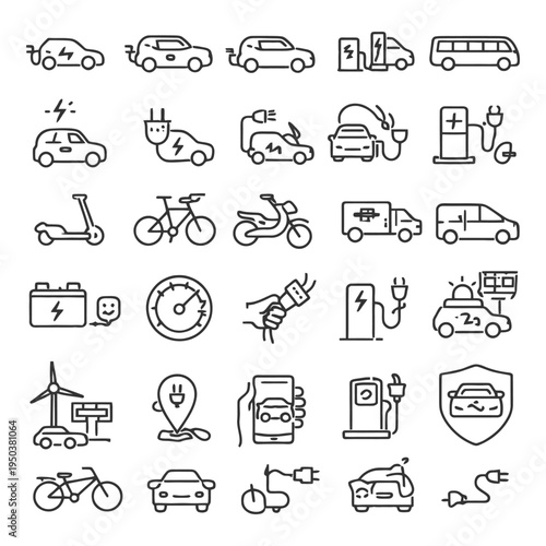 Electric vehicles and charging station icons collection.