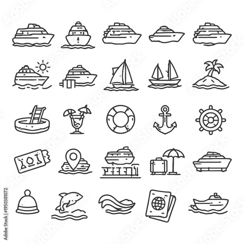 Cruise vacation icons: ships, beach, pool, drinks, travel.