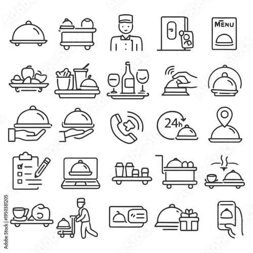 Room service icons set featuring dishes, drinks, and delivery elements.