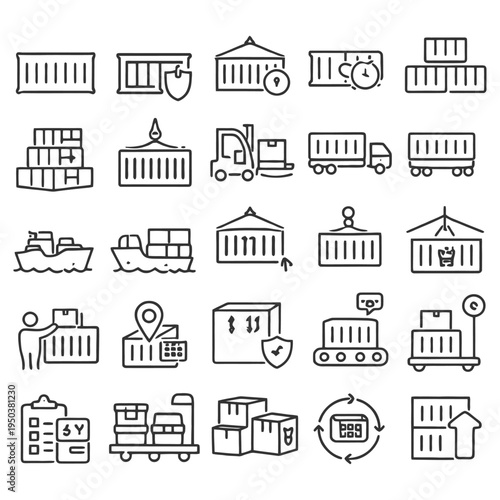 Hand-drawn icons of cargo handling and logistics operations.