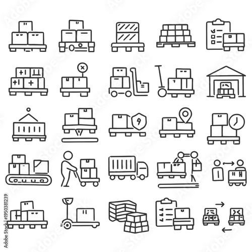 Warehouse and logistics icons set featuring package delivery and inventory management.