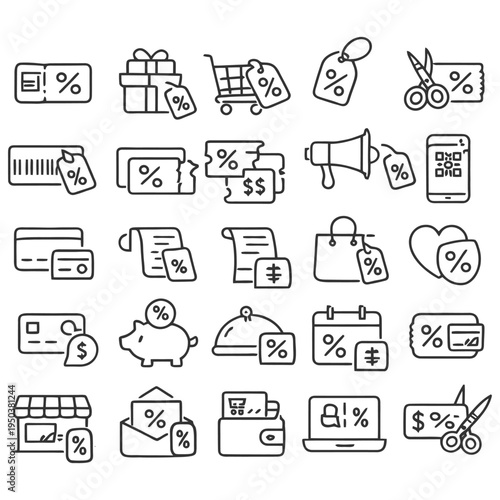 Outline icons of shopping and discounts featuring bags, cart, tags, and wallets.