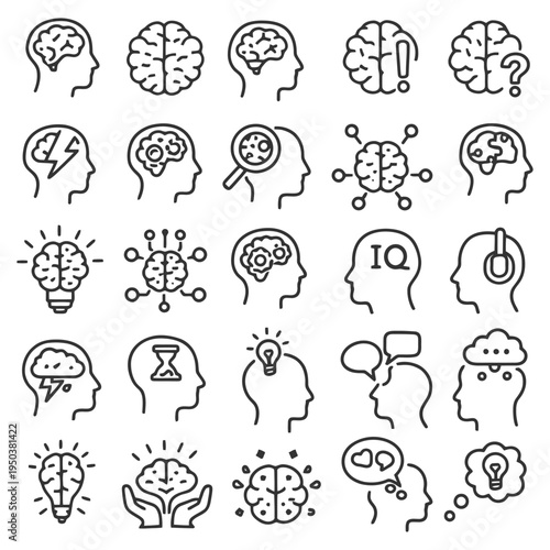 Icon set illustrating brain activity concepts with human profiles and symbols.