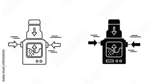 Sump Pump Icon with Arrows Showing Water Intake, Discharge, and Internal Process
