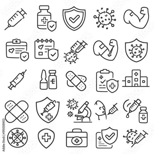 Vaccination icons: syringe, shield, virus, vial, arm muscle, protection symbols.
