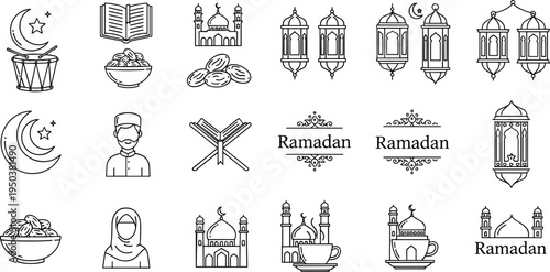 Ramadan Islamic Line Icons Set with Mosque Quran Crescent Lantern Dates Religious Celebration Symbols Collection