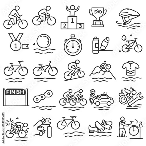 Cycling race outline icons featuring bicycles trophies helmets and finish line.