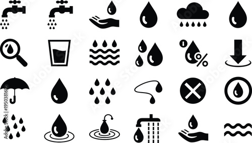 Water Conservation and Plumbing Icon Set Featuring Faucet, Raindrop, Umbrella, Glass, Shower, Rain Cloud, Magnifier, and Filtration Symbols for Environmental, Hydrology, and Sanitation Concepts