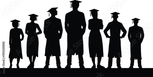 Graduate students silhouette group wearing graduation caps and gowns, academic achievement and education success illustration isolated on white background for university celebration design