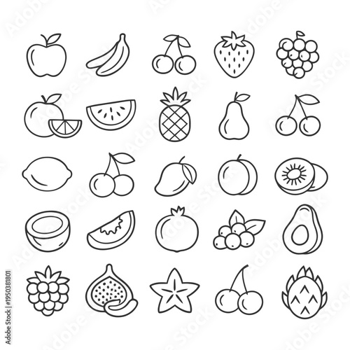 Outline icons of various fruits including apple, banana, cherry, strawberry, and watermelon.