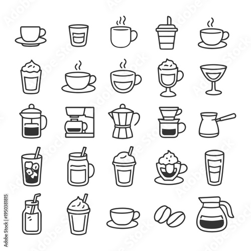 Variety of coffee icons: cups, mugs, espresso, french press, iced drinks, beans.