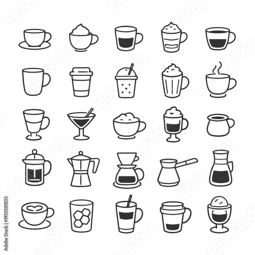Variety of stylish coffee and beverage icons in minimalist black and white design.