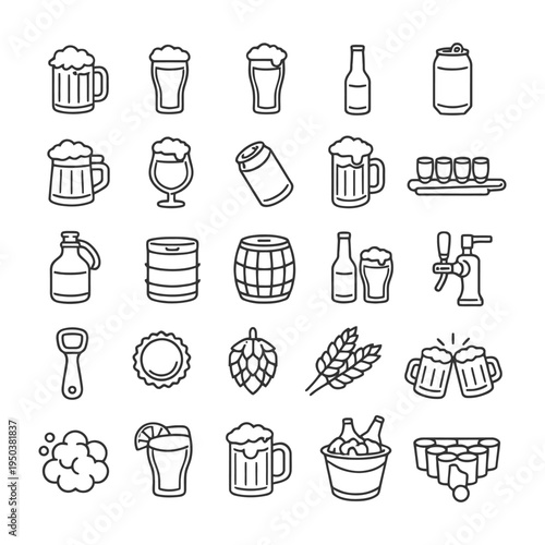 Outline icons of beer glasses, bottles, cans, barrels, taps, and related items.