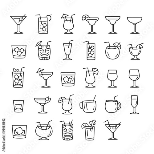 Outline drawings of various cocktail glasses with garnishes.