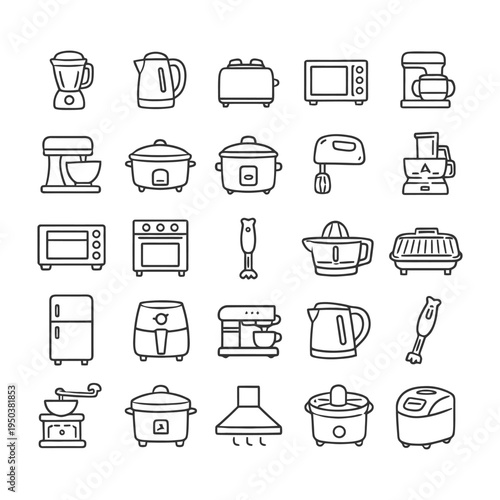 Outline icons of various kitchen appliances including blender, kettle, toaster, and more.