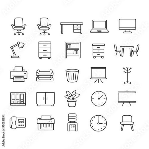 Office furniture and equipment icons set: chairs, desks, printers, clocks, and more.