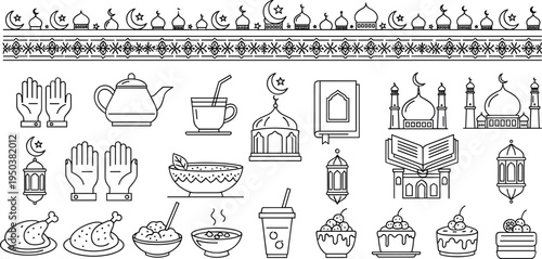 Ramadan Islamic Line Icons Set with Mosque Quran Lantern Prayer Food Iftar Religious Symbols Collection